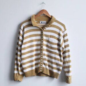 Vintage 90's Adonis Mariner Camel & White Striped Mock Neck Cotton Cardigan M